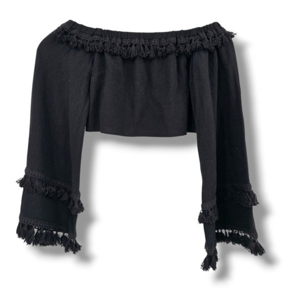 Skylar Madison Black Off Shoulder Crop Top‎ Long Sleeve Tassel Trim